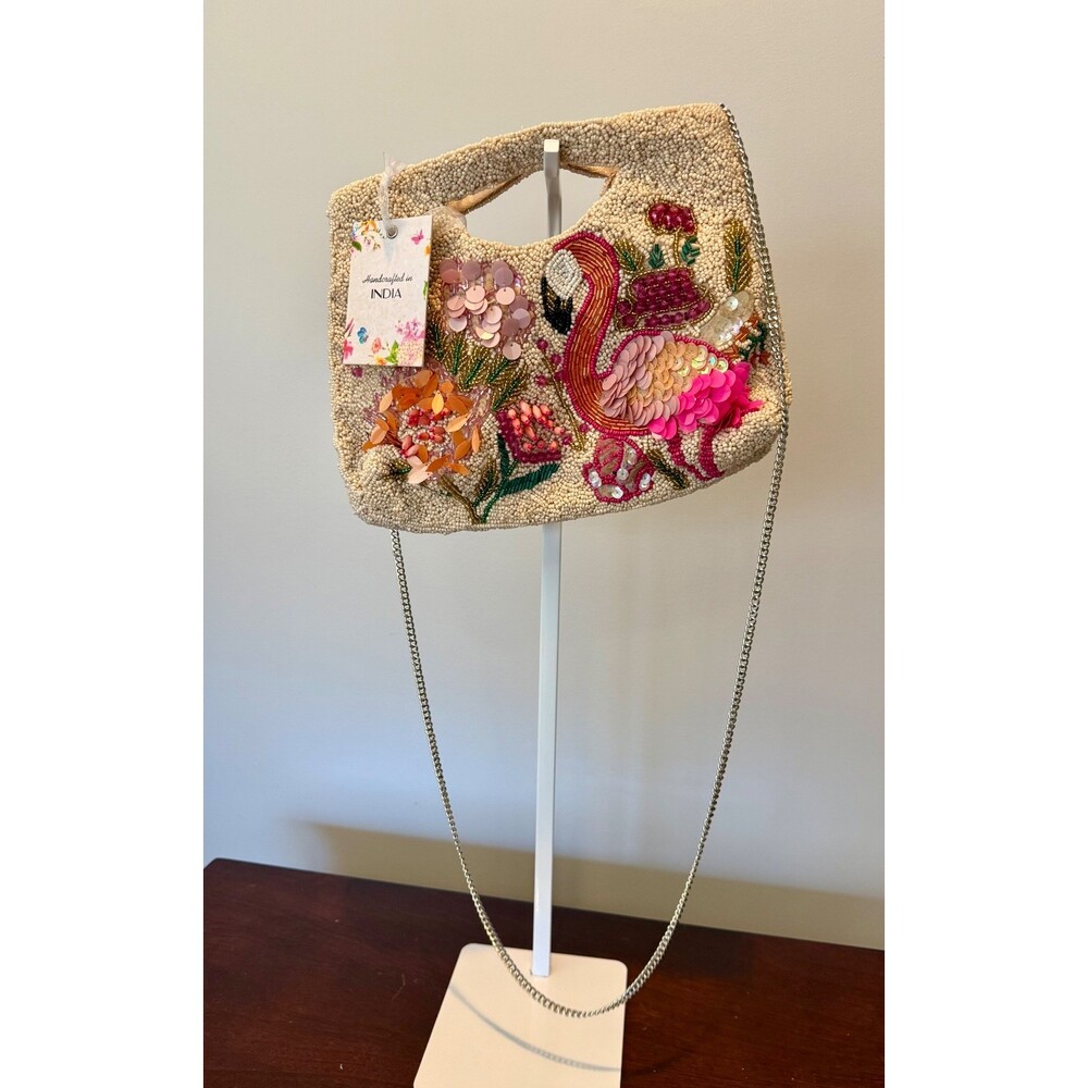 Handcrafted in India Flamingo Tropical Flowers Beaded Sequin Clutch Bag NWT